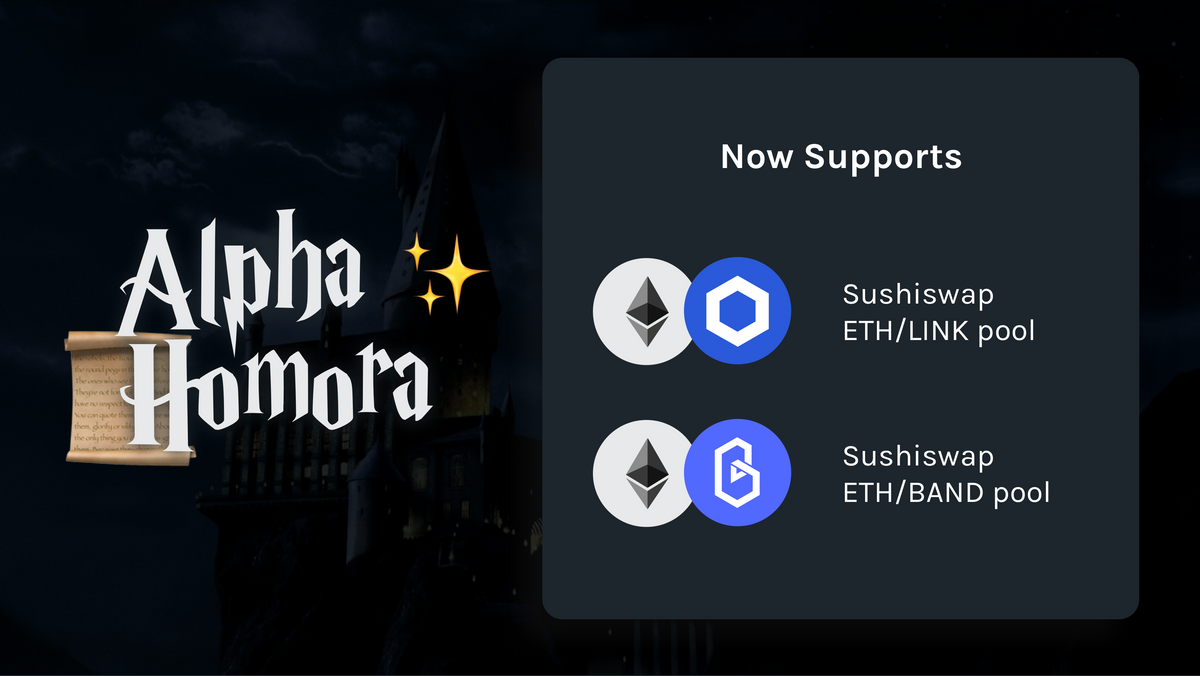 Alpha Homora adds SushiSwap’s leveraged yield farming of ETH/LINK and ETH/BAND pools and UI upgrade and improvement