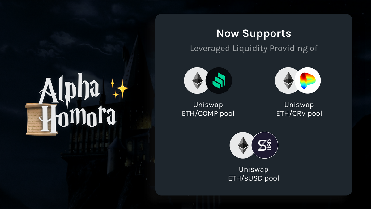 Alpha Homora adds leveraged LP ETH/COMP, ETH/CRV, and ETH/sUSD pools on Uniswap